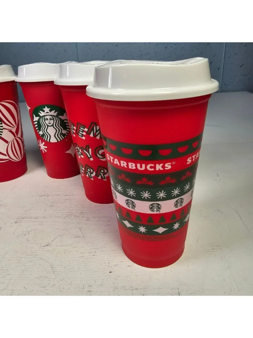 Starbucks Lot of 6 Different Christmas 16oz Reusable Cups w/ Lids 2012-2013